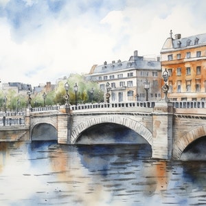 Dublin Painting O'Connell Bridge Art Print Ireland Watercolor Art Irish Cityscape Wall Art River Liffey Artwork Travel Poster