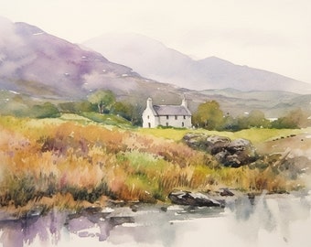May include: Watercolor painting of a white cottage with a green roof, set against a backdrop of rolling hills. The cottage is surrounded by a field of tall grass and a small stream.