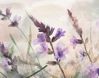 Lavender Flowers Painting Floral Watercolor Art Print Meadow Wall Art Flower Fields Print