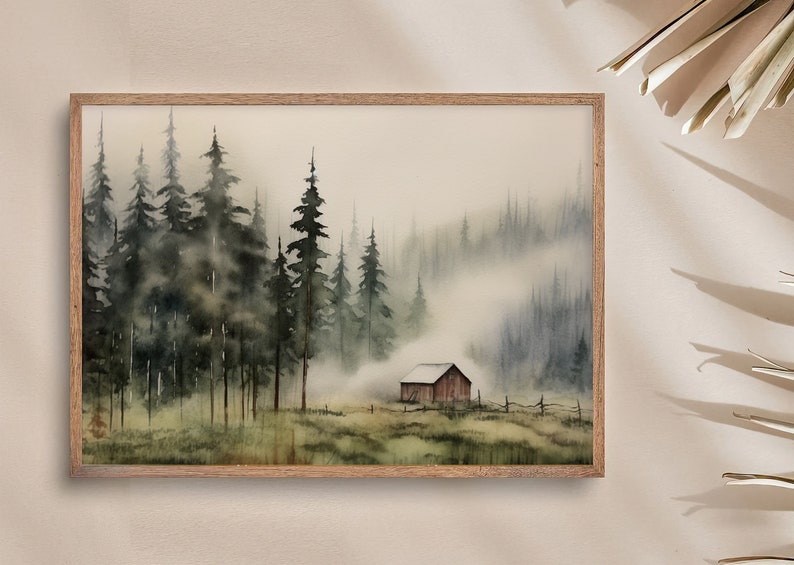 Cabin Painting Pine Forest Watercolor Art Print Idaho Landscape Large Log Cabin Wall Art image 5