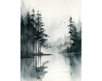 Pacific Northwest Watercolor Oregon Misty Waters Art Print Foggy Calming Forest Lake Landscape Wall Art