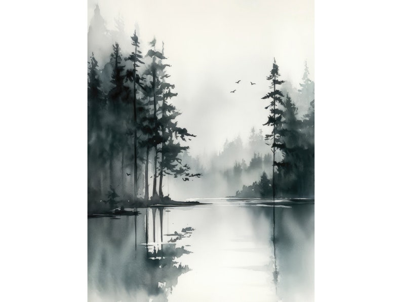 May include: A black and white watercolor painting of a misty forest scene with tall pine trees reflected in a still lake. The trees are silhouetted against a light gray sky.