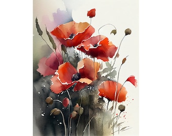 Poppy Painting Floral Watercolor Art Print Flowers Large Wall Art Poppies Field Art Meadow Poster