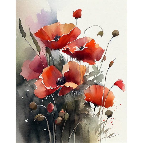 Coquelicot Peinture Floral Aquarelle Art Print Fleurs Grand Mur Art Coquelicots Champ Art Prairie Affiche