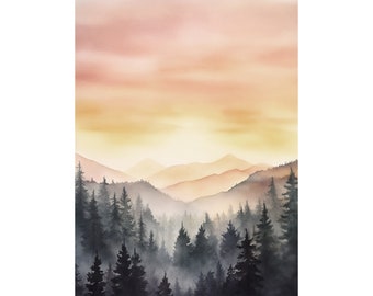 Smoky Mountains Watercolor Mountain Valley Art Print Foggy Forest Landscape Sunset Misty Pine Trees Wall Art