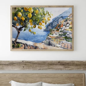 May include: Watercolor painting of a lemon tree with yellow lemons and green leaves in front of a colorful Italian village on a cliff overlooking the blue sea.