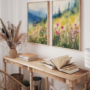 Large Floral Wall Art Set Of 2 Pink Idaho Wildflowers Landscape Watercolor Mountain Forest Art Meadow Flowers Field Prints Set image 2