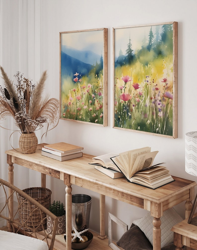 Large Floral Wall Art Set Of 2 Pink Idaho Wildflowers Landscape Watercolor Mountain Forest Art Meadow Flowers Field Prints Set image 2
