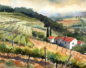 トスカーナの絵画 ブドウ園 水彩画 アートプリント イタリアの田舎の