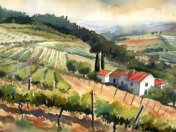 Port Wine Painting Vineyard Watercolor Art Print Portugal Landscape Wall Art Wine Country Art Farmhouse Wall Decor