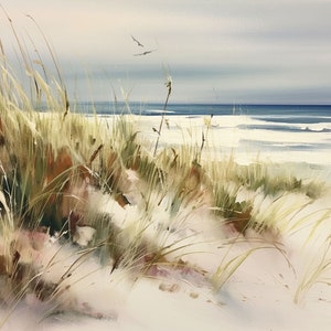 Sleeping Bear Dunes Art Print Lakeshore Watercolor Painting Michigan Wall Art Beach Lake Landscape Print Wild Grasses Artwork