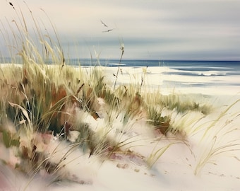 Sleeping Bear Dunes Art Print Lakeshore Watercolor Painting Michigan Wall Art Beach Lake Landscape Print Wild Grasses Artwork