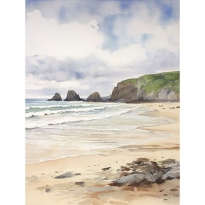Holywell Bay Painting Cornwall Watercolor Art Print Beach Wall Art England Coastal Artwork Cliffs Poster