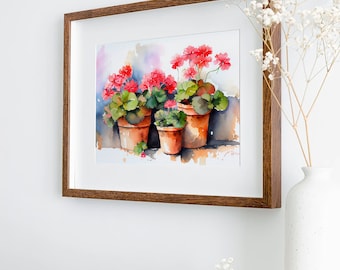 ゼラニウムの絵画 花の水彩画 アートプリント ゼラニウムの鉢 壁アート