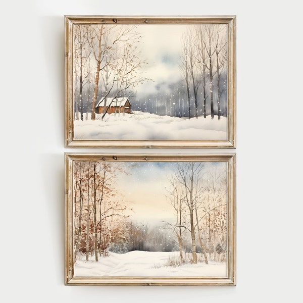 Snow Scenes Watercolor Set Of 2 Prints Winter Forest Painting Cabin Wall Art Idaho Artwork Nature Poster