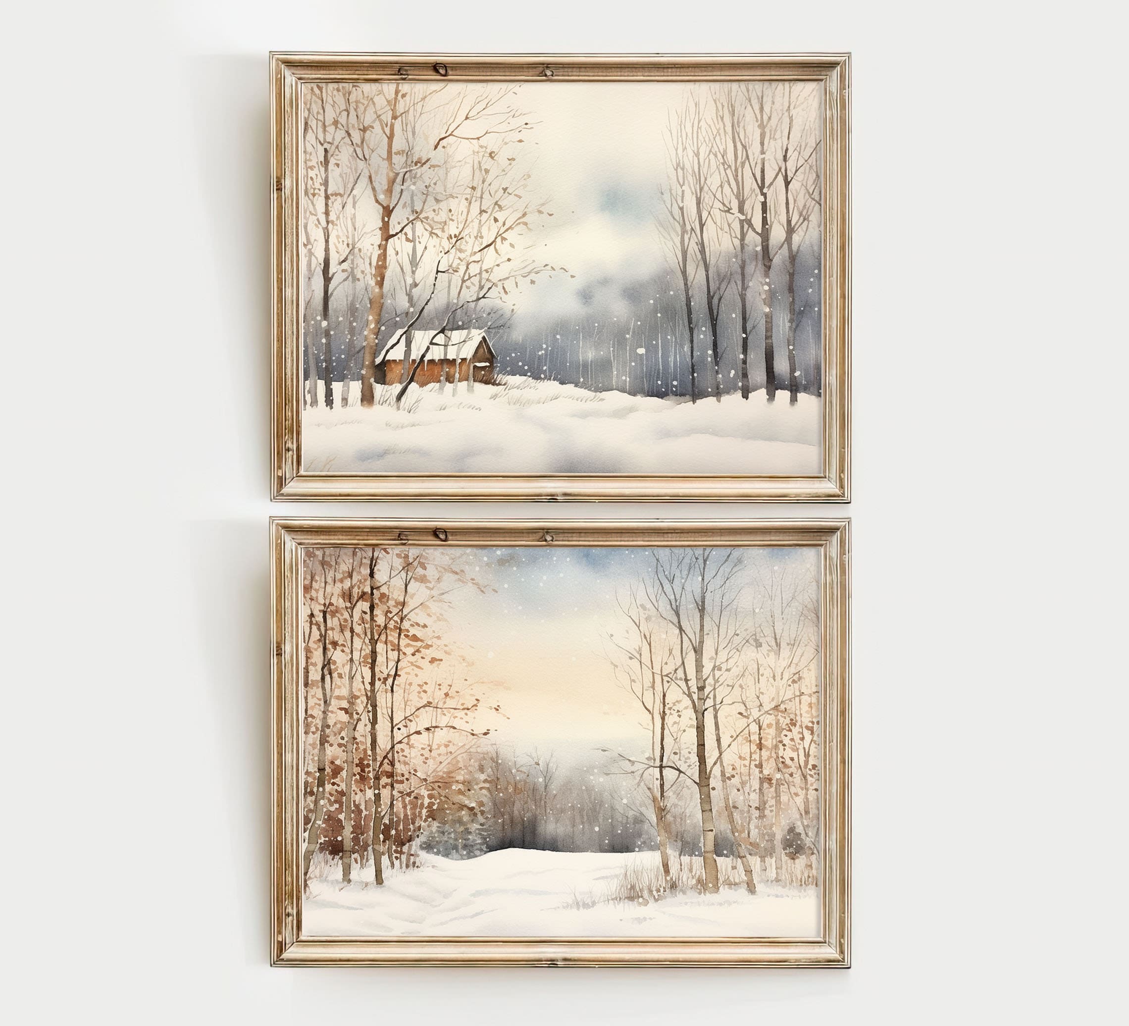 Snow Scenes Watercolor Set of 2 Prints Winter Forest Painting Cabin ...