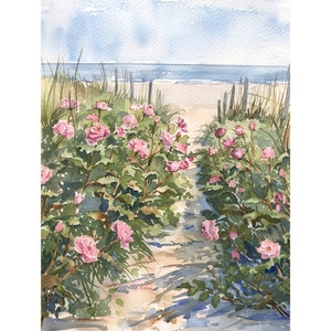 ケープコッドの絵画 ビーチローズ 水彩画 アートプリント 沿岸壁アート ビーチハウスの装飾 野生の花のアートワーク