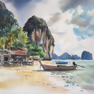 Phi Phi Island Painting Thailand Watercolor Art Print Tropical Beach Wall Art Boat Print Palm Tree Art Travel Poster