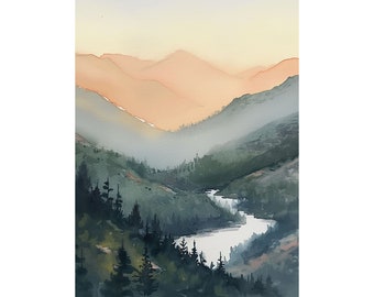 Peinture de l'Idaho, impression d'art aquarelle de la rivière Salmon, art mural chaîne de montagnes, art du paysage de la rivière, impression de forêt de pins