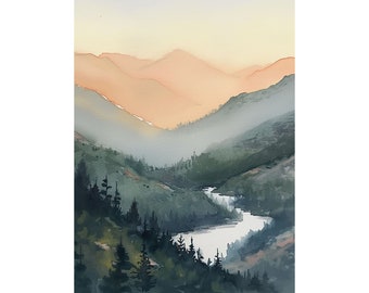 アイダホ州の絵画、サーモン川の水彩画、山岳地帯の壁画、川の風景画、松林のプリント