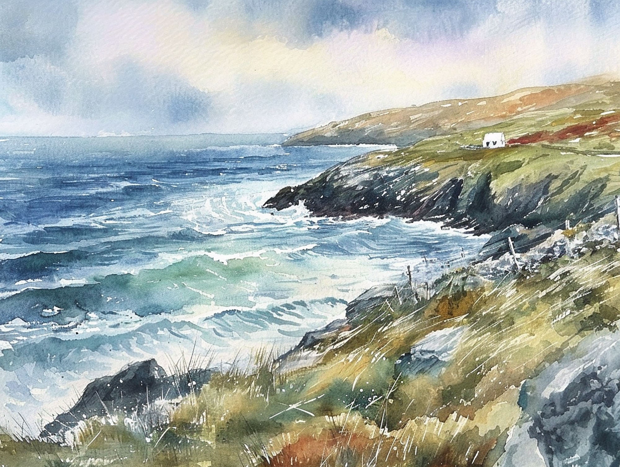 Wild Atlantic Way Painting Ireland Coastal Watercolor Art Print Irish Landscape Wall Art Stormy Ocean Artwork
