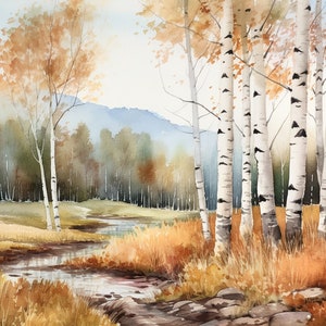 Birkenwald Gemälde Espe Landschaft Aquarell Herbst Bäume Kunstdruck Herbst Wald Feld Wand Kunst Rustikale Wanddekoration