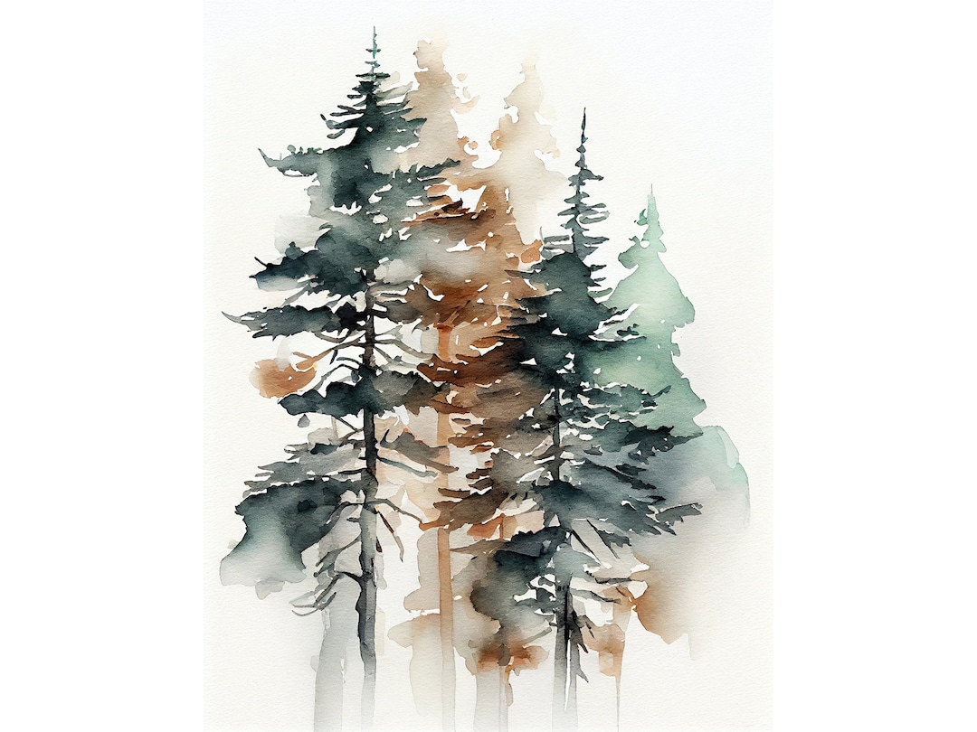 Pine Trees Art Prints From Original Watercolor Foggy Forest Landscape ...