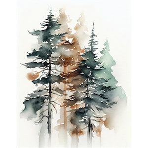 Pine Trees Art Prints From Original Watercolor Foggy Forest Landscape Wyoming Nature Wall Art Woodland Wall Decor