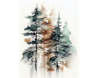 Pine Trees Art Prints From Original Watercolor Foggy Forest Landscape Wyoming Nature Wall Art Woodland Wall Decor