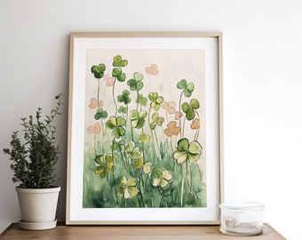 クローバーの絵画 花の水彩画プリント 四つ葉のクローバーの壁アート