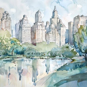 Central Park pintura Jacqueline Kennedy embalse acuarela arte impresión NYC Skyline pared arte verano paisaje urbano pared arte cartel de viaje