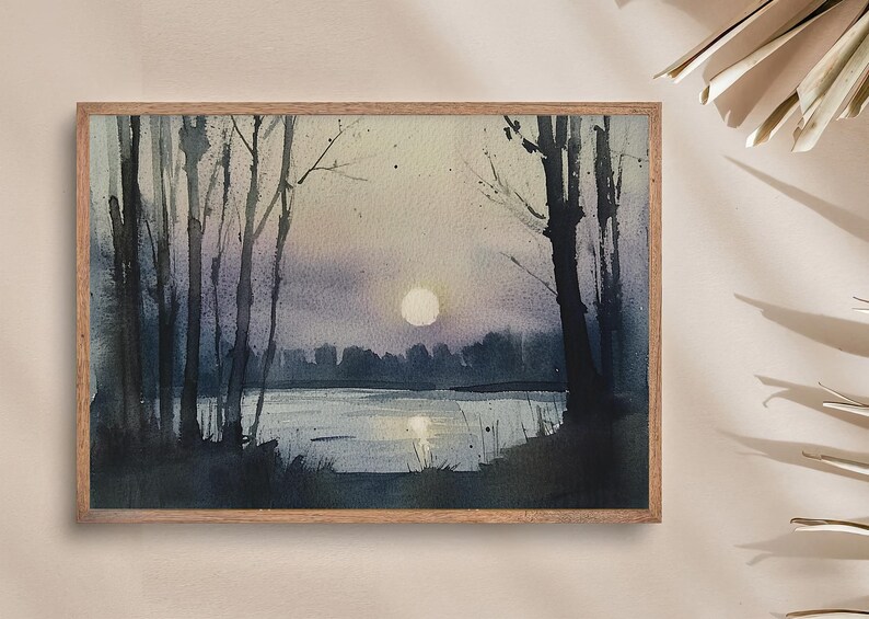 Moon Painting Night Landscape Watercolor Art Print Lake Superior Wall ...