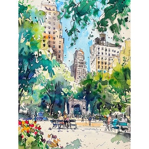 ワシントン スクエア パーク 絵画 ニューヨーク 水彩画 アートプリント 夏の都市景観 ウォールアート NYC ポスター