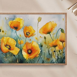 May include: Watercolor painting of yellow poppies with green stems and leaves on a blue and green background.