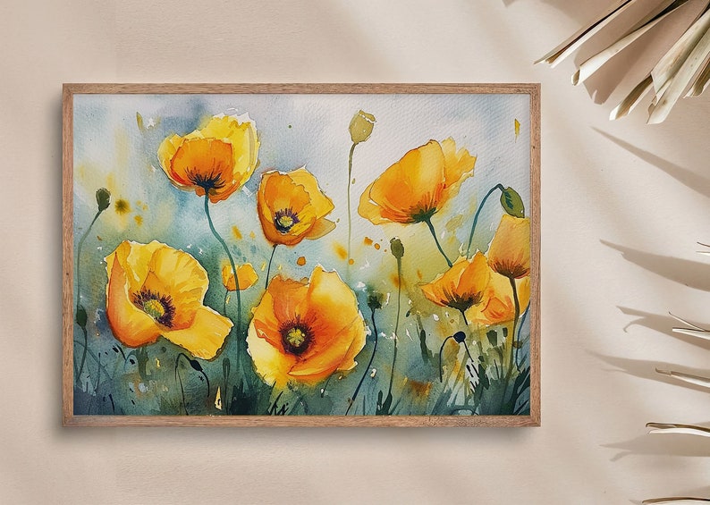 May include: Watercolor painting of yellow poppies with green stems and leaves on a blue and green background.