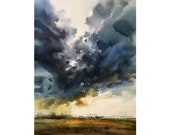嵐の空の絵画 雨雲 水彩画 アートプリント フィールド風景 ウォール