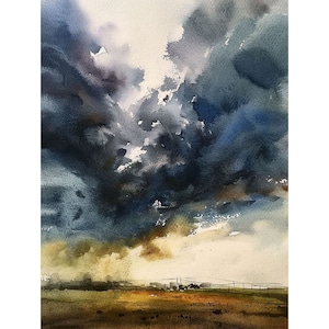 Stormy Skies Painting Rain Clouds Watercolor Art Print Field Landscape Wall Art Thunderstorm Artwork Countryside Print