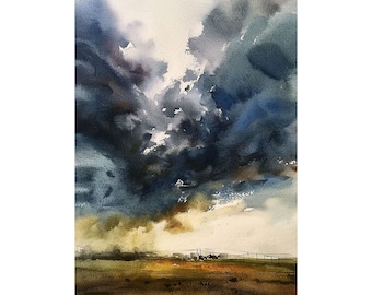 水彩画 風景画 モノクロ 金色フレーム27cm25cm 嵐の空の絵画 雨雲 水彩画 アートプリント フィールド風景 ウォール