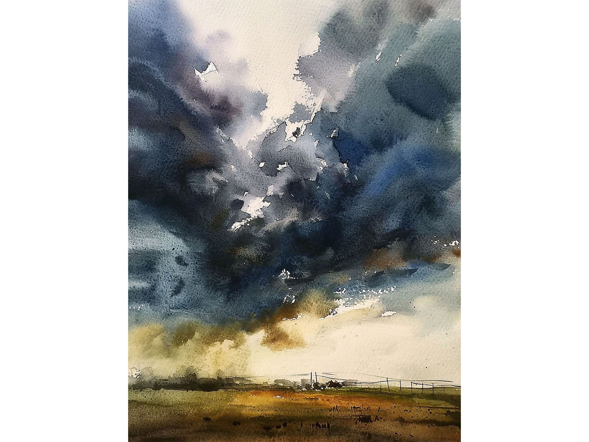 嵐の空の絵画 雨雲 水彩画 アートプリント フィールド風景 ウォール
