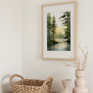 Forest Lake Watercolor Art Acadia Painting Eagle Lake Art Print Abstract Landscape Pine Forest Wall Art Log House Decor image 4