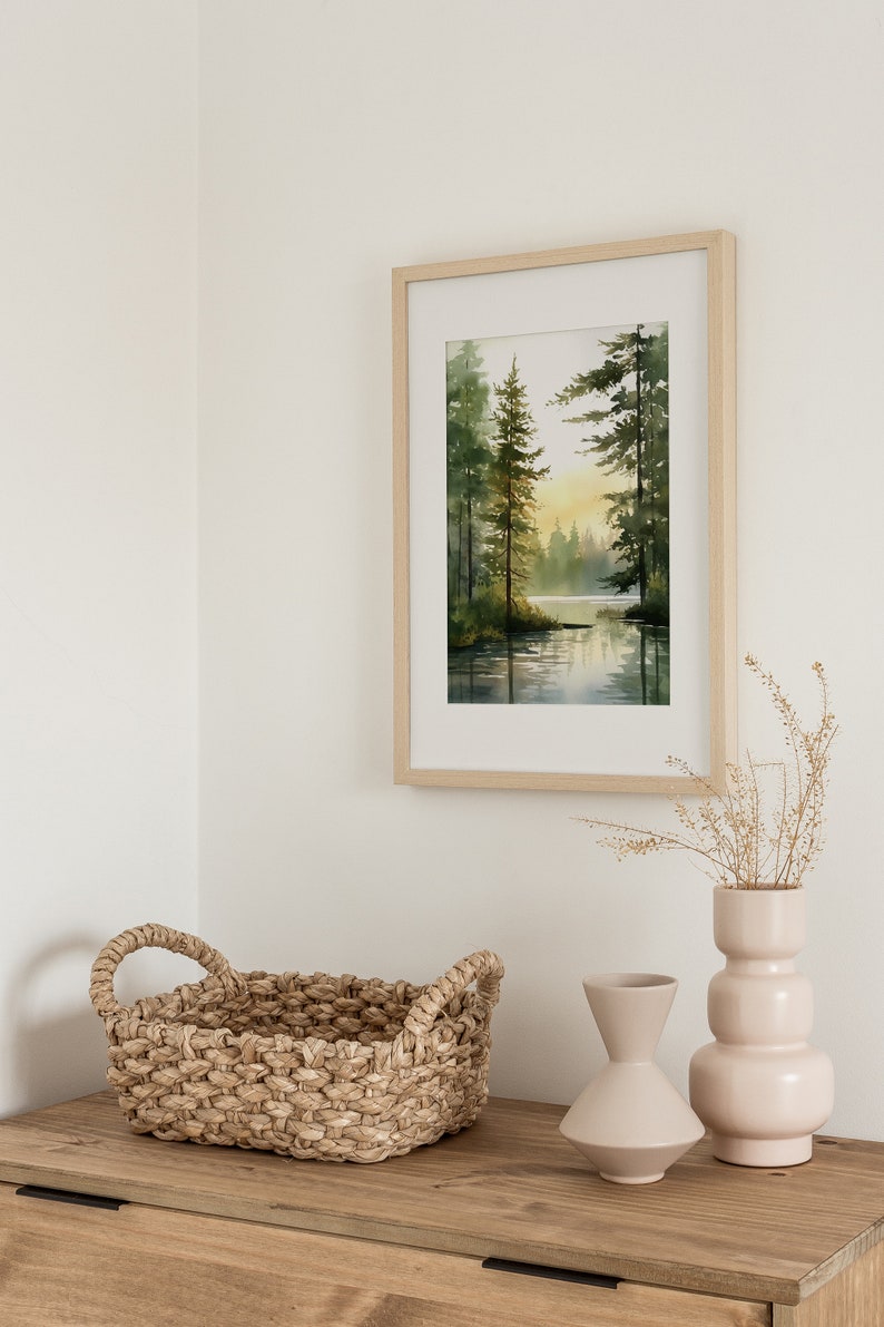 Forest Lake Watercolor Art Acadia Painting Eagle Lake Art Print Abstract Landscape Pine Forest Wall Art Log House Decor image 4