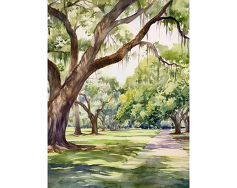 Audubon Park schilderij eiken aquarel New Orleans Art Print Louisiana Wall Art groene bomen landschap artwork