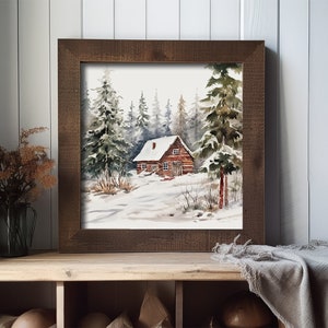 Winter Cabin Print Snow Scene Watercolor Painting Snowy Forest Wall Art ...