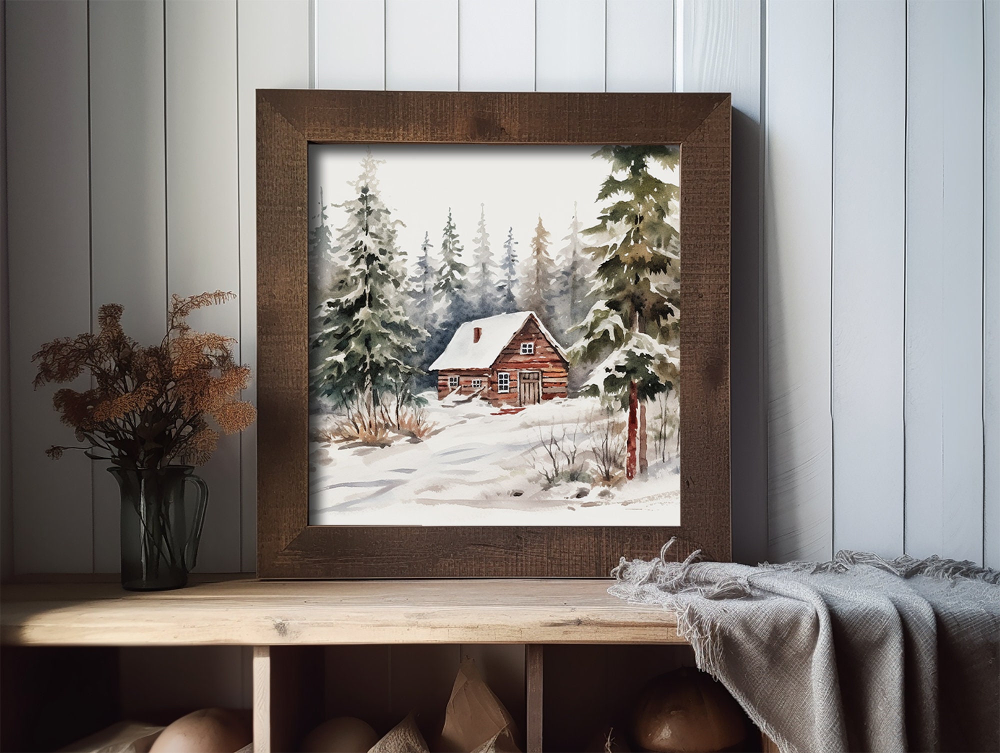 Winter Cabin Print Snow Scene Watercolor Painting Snowy Forest Wall Art ...