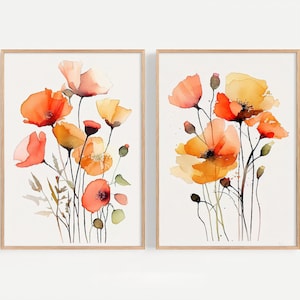 Poppies Print Set of 2 California Poppy Watercolor Floral Art Print Farmhouse Wall Art Botanical Poster