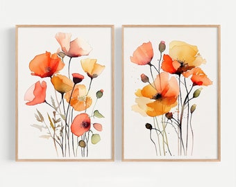 Poppies Print Set of 2 California Poppy Watercolor Floral Art Print Farmhouse Wall Art Botanical Poster