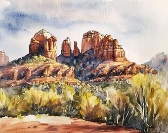 絵画、アート、作家　その２７ セドナ、アリゾナ州の絵画、カテドラルロックの水彩画、砂漠の風景
