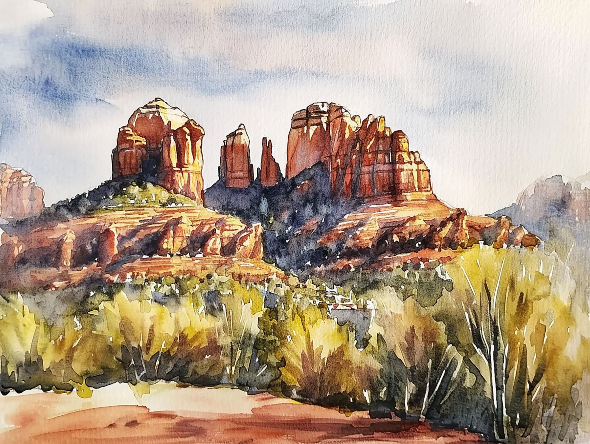 セドナ、アリゾナ州の絵画、カテドラルロックの水彩画、砂漠の風景
