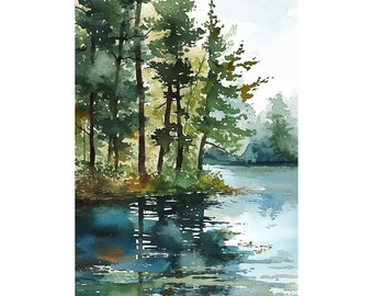 Finger Lakes Painting Forest Lake Watercolor Art Print Pine Tree Wall Art Abstract Landscape Print Forest Wall Decor