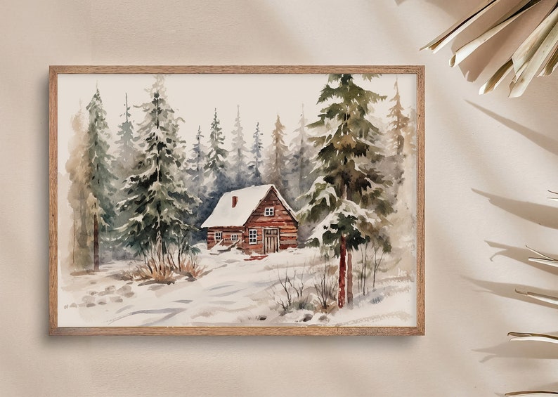 Winter Cabin Print Snow Scene Watercolor Painting Snowy Forest Wall Art ...